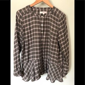 Anne Taylor LOFT Army Green Plaid Peplum Blouse